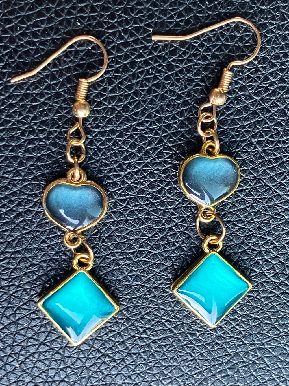 Teal and Silver heart dangle earrings with gold accent - Picture 2 of 8